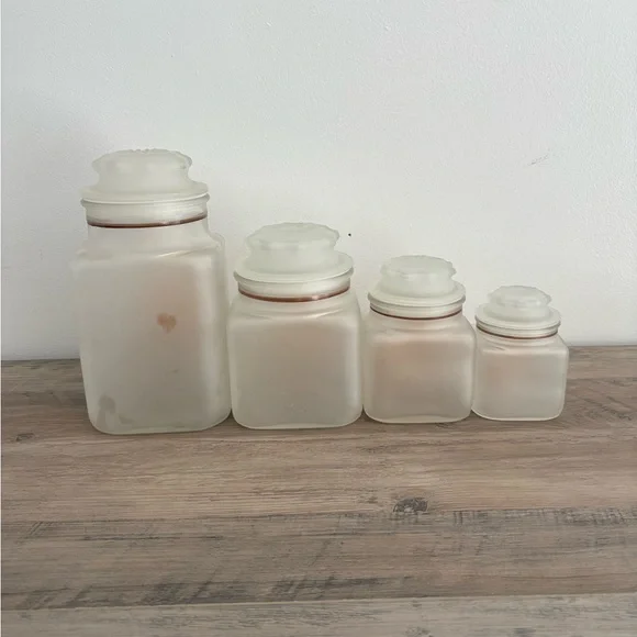 Vintage Retro Rare Anchor Hocking Frosted Glass Canister Floral Set